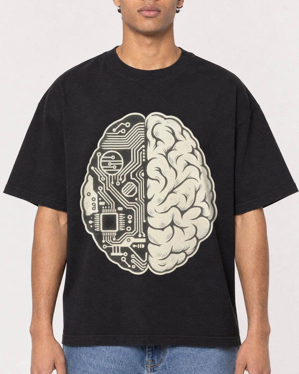 Mockup Boxy Heavyweight Tee Black male close-up 10