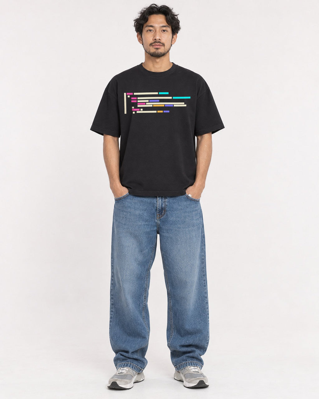Mockup Boxy Heavyweight Tee Black male full-body 02