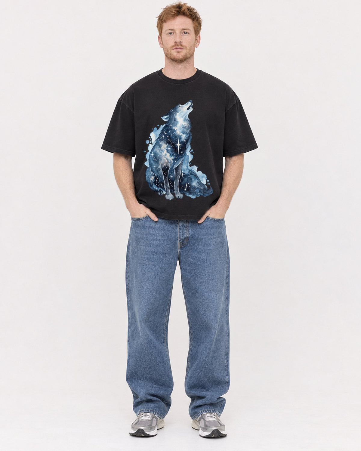 Mockup Boxy Heavyweight Tee Black male full-body 38