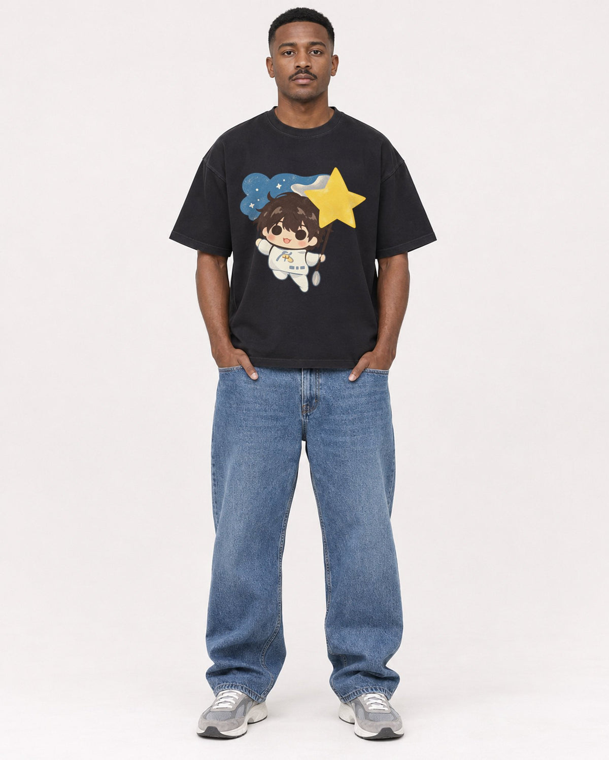 Mockup Boxy Heavyweight Tee Black male full-body 14