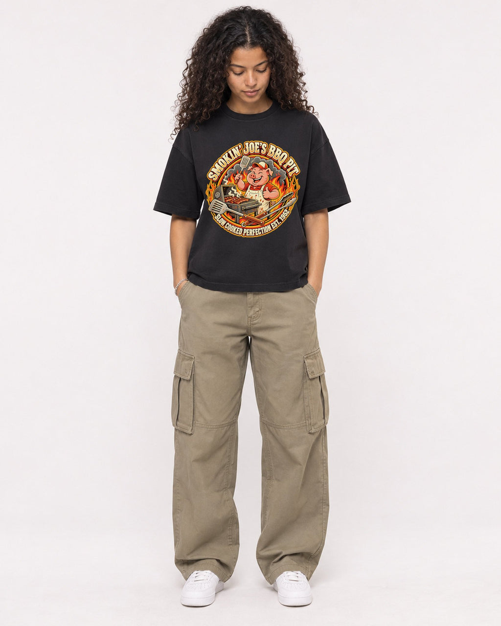 Mockup Boxy Heavyweight Tee Black female full-body 10