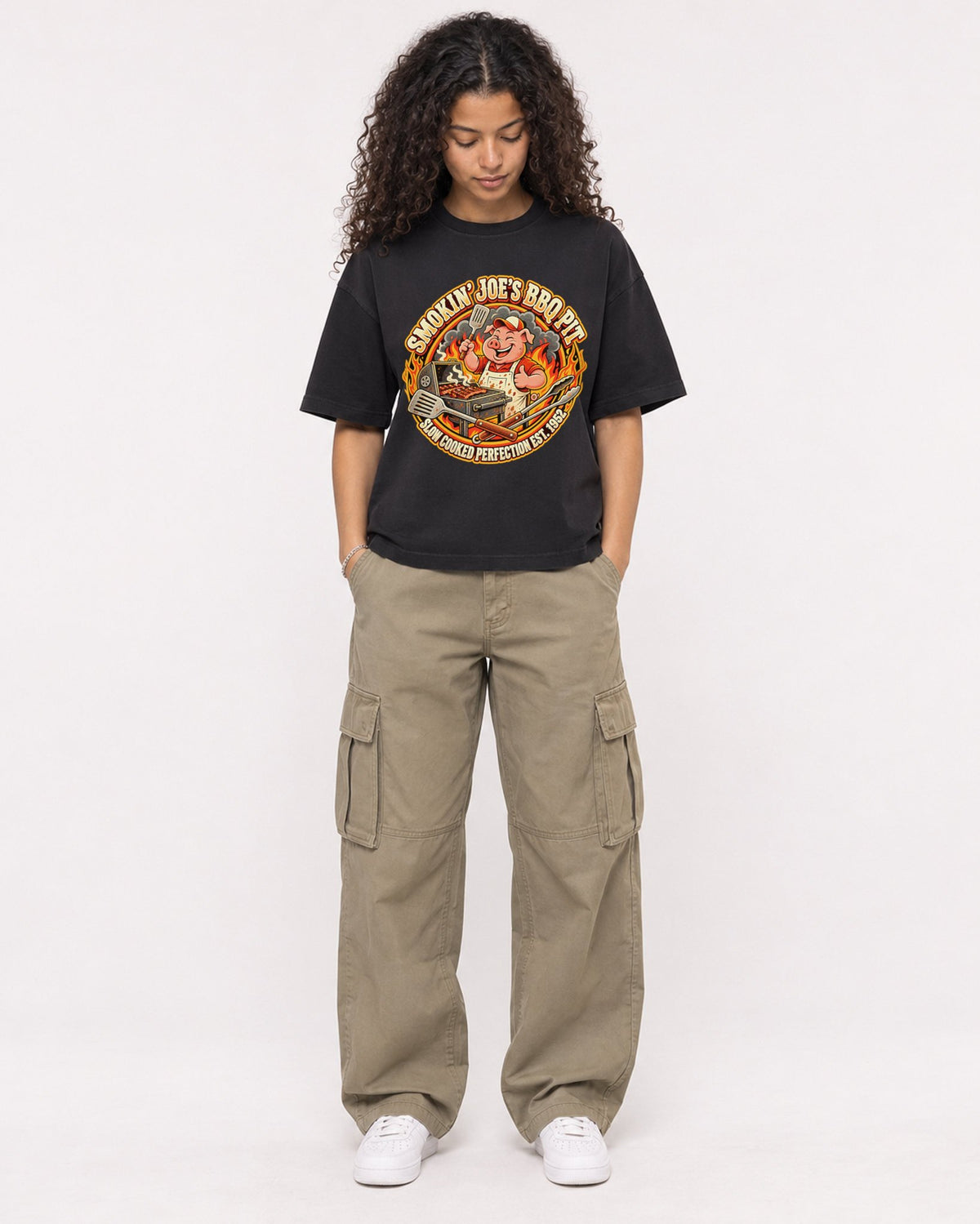 Mockup Boxy Heavyweight Tee Black female full-body 10