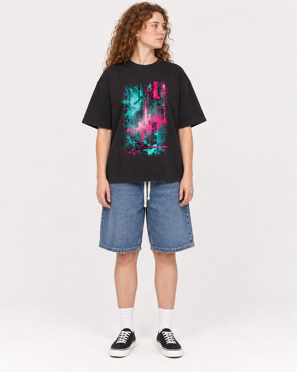 Mockup Boxy Heavyweight Tee Black female full-body 09