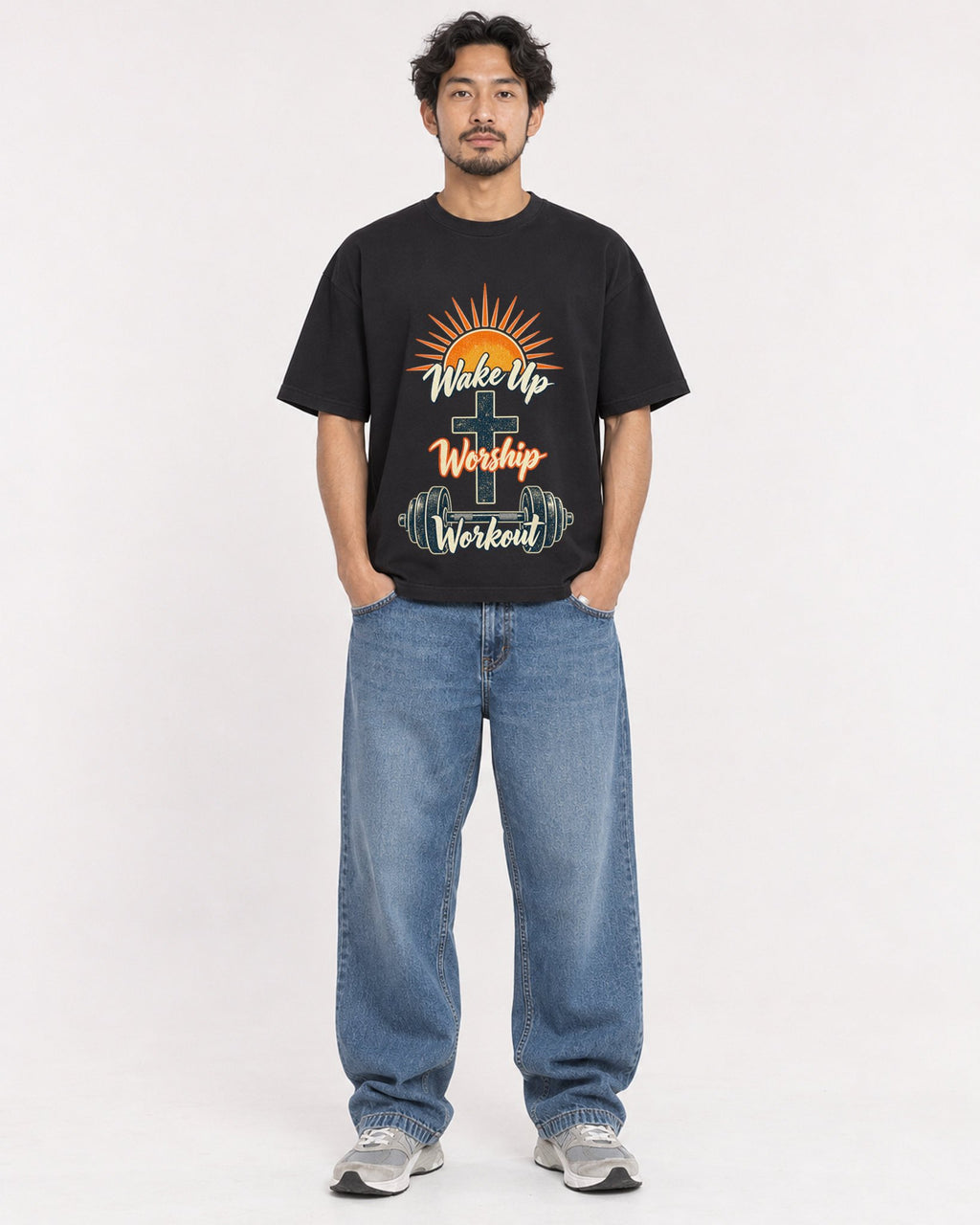 Mockup Boxy Heavyweight Tee Black male full-body 02