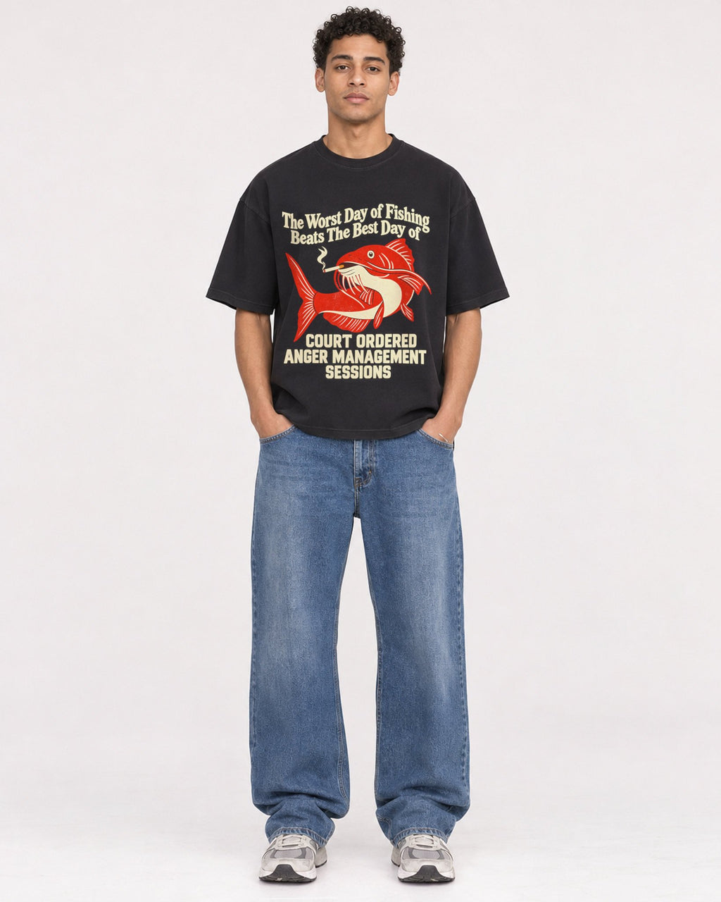 Mockup Boxy Heavyweight Tee Black male full-body 10