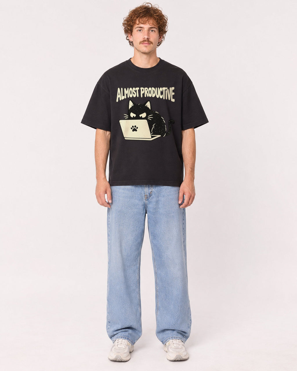 Mockup Boxy Heavyweight Tee Black male full-body 09