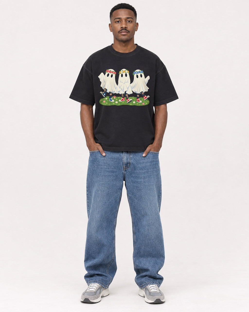 Mockup Boxy Heavyweight Tee Black male full-body 14