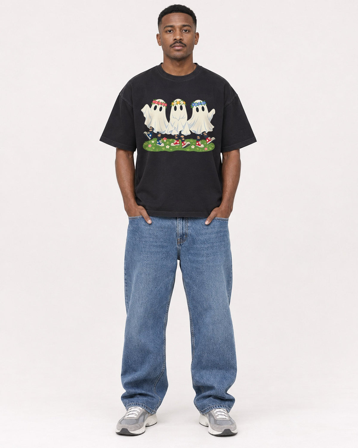 Mockup Boxy Heavyweight Tee Black male full-body 14