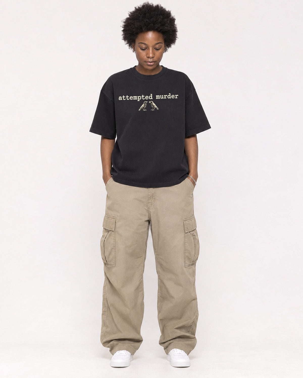 Mockup Boxy Heavyweight Tee Black female full-body 14