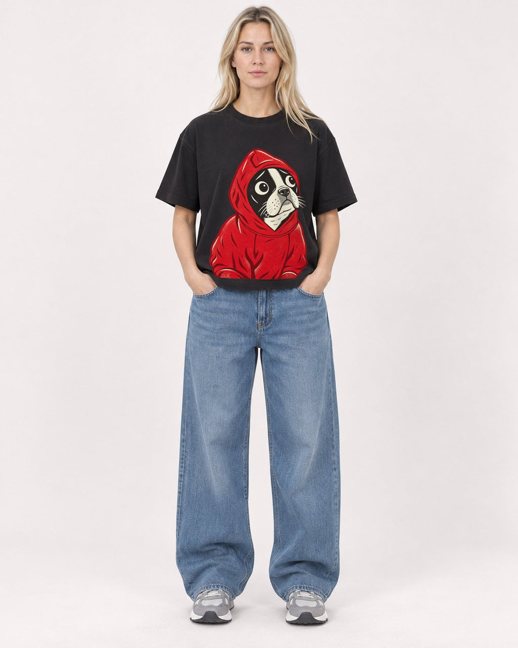 Mockup Boxy Heavyweight Tee Black female full-body 08