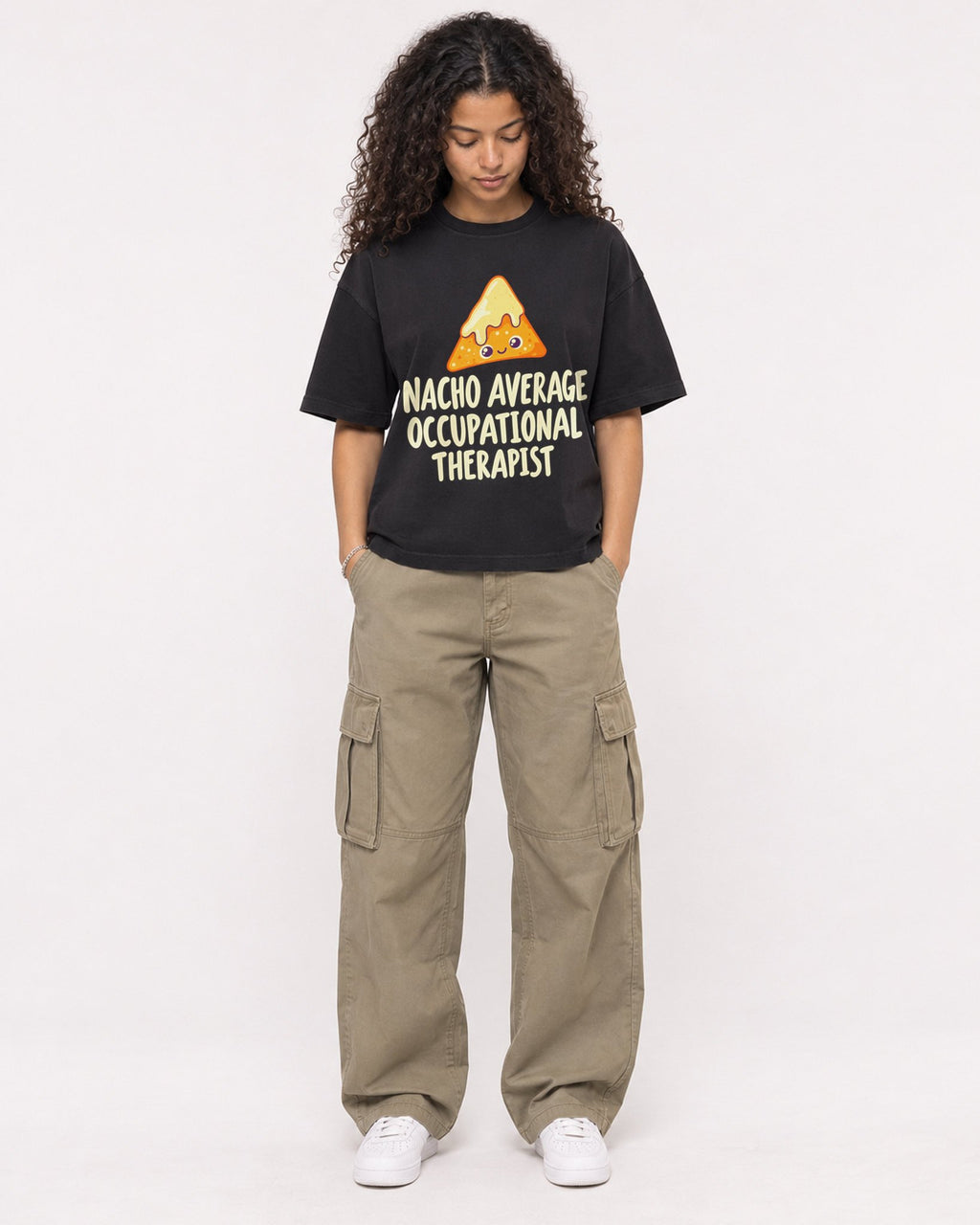 Mockup Boxy Heavyweight Tee Black female full-body 10