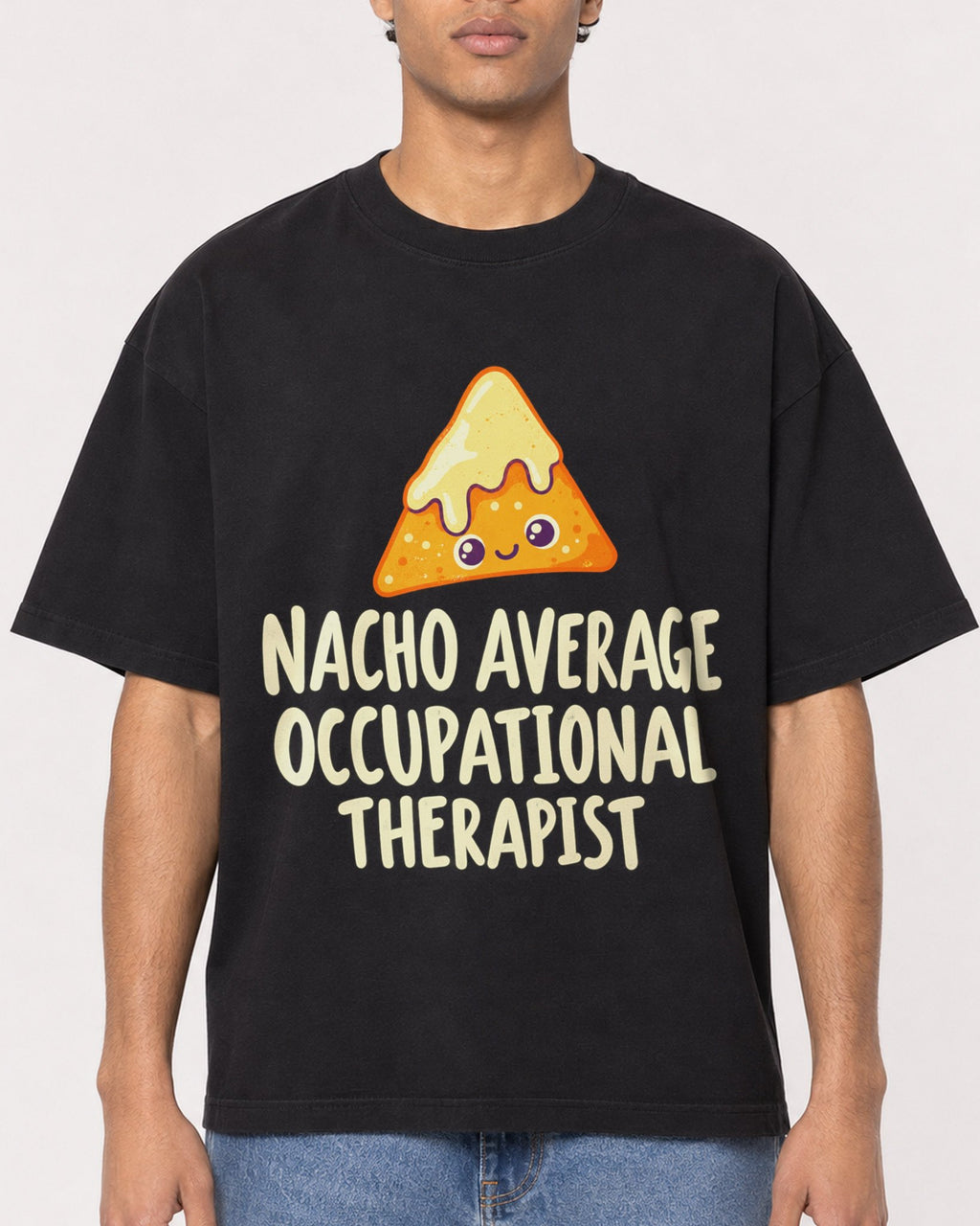 Mockup Boxy Heavyweight Tee Black male close-up 10