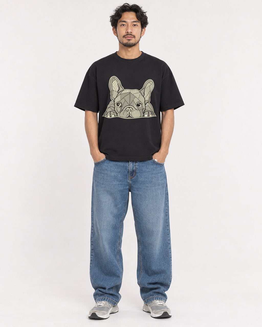 Mockup Boxy Heavyweight Tee Black male full-body 02