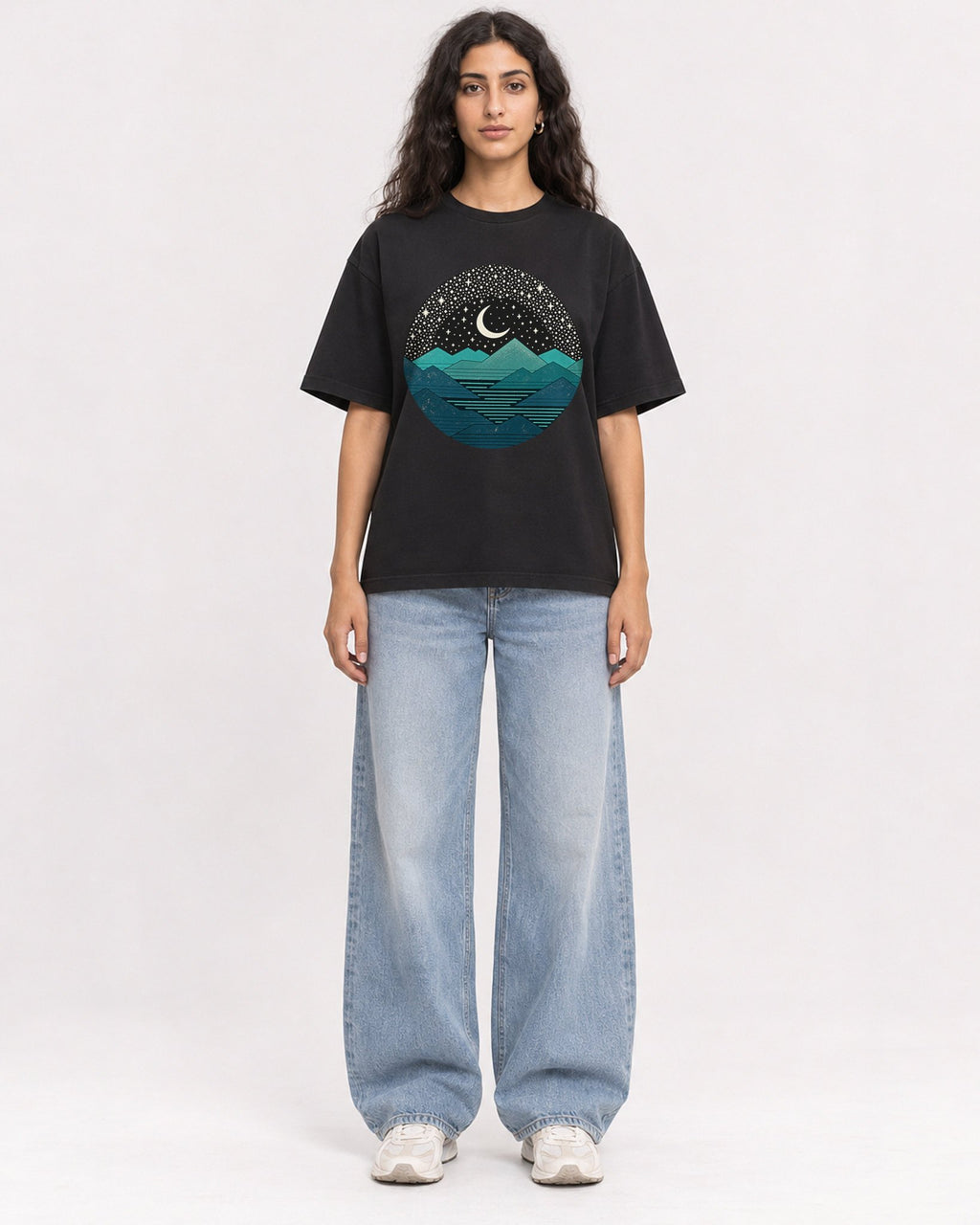 Mockup Boxy Heavyweight Tee Black female full-body 07
