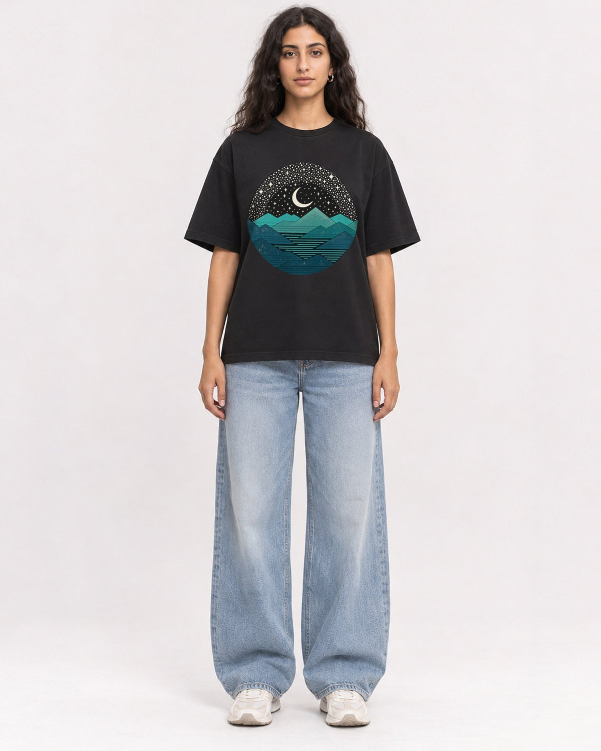 Mockup Boxy Heavyweight Tee Black female full-body 07