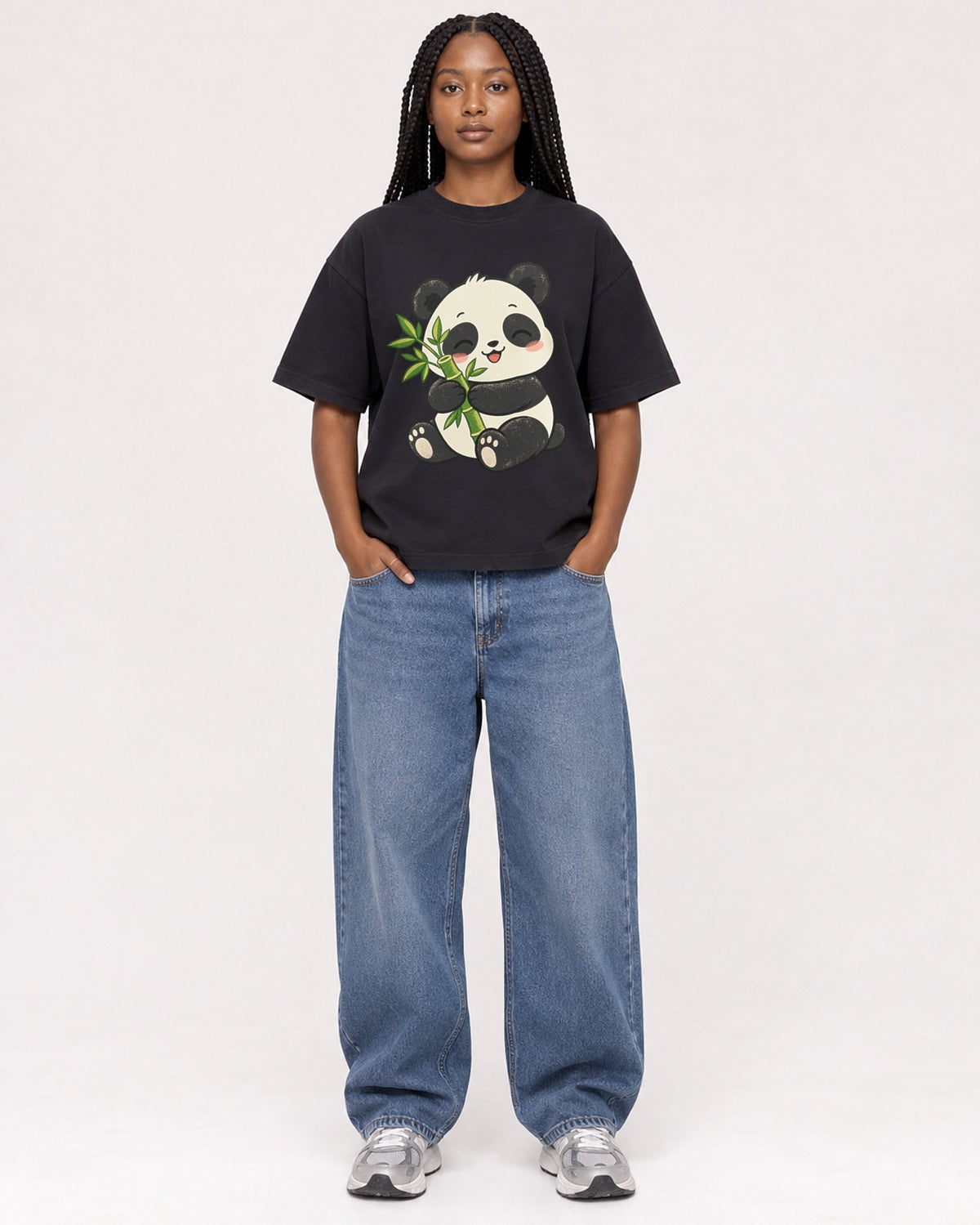 Mockup Boxy Heavyweight Tee Black female full-body 04