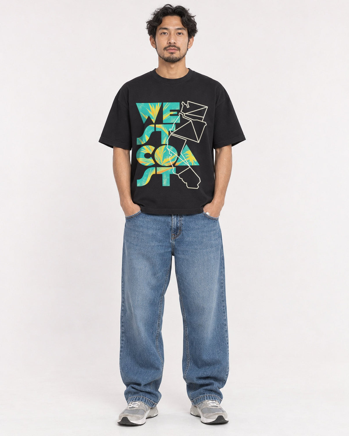 Mockup Boxy Heavyweight Tee Black male full-body 02