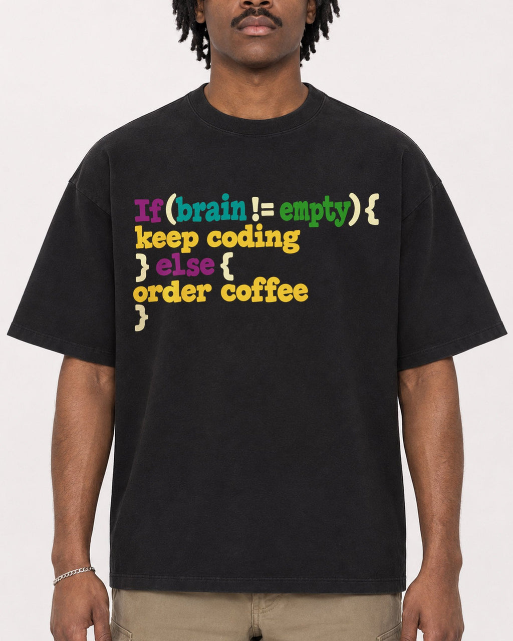 Mockup Boxy Heavyweight Tee Black male close-up 04