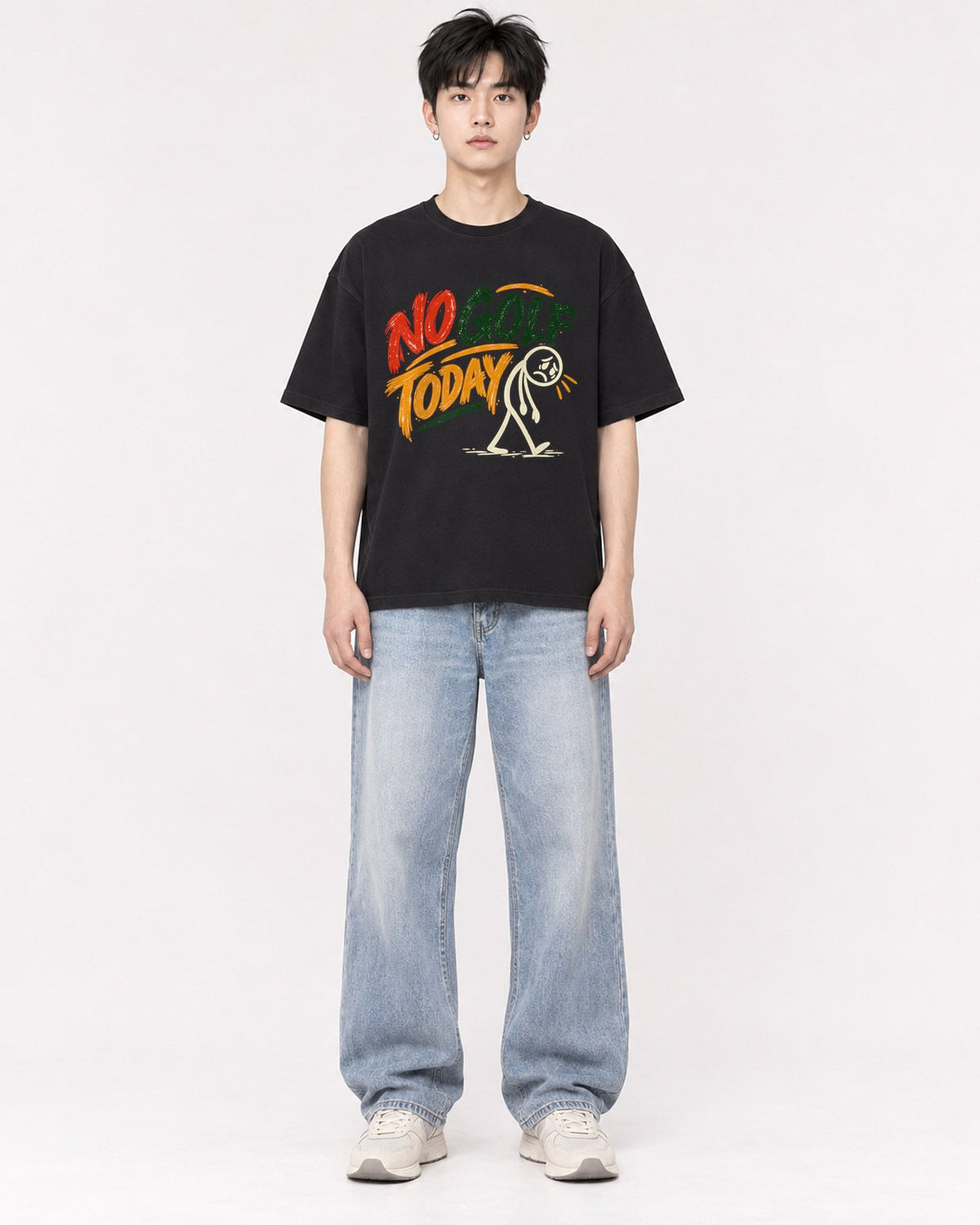 Mockup Boxy Heavyweight Tee Black male full-body 01
