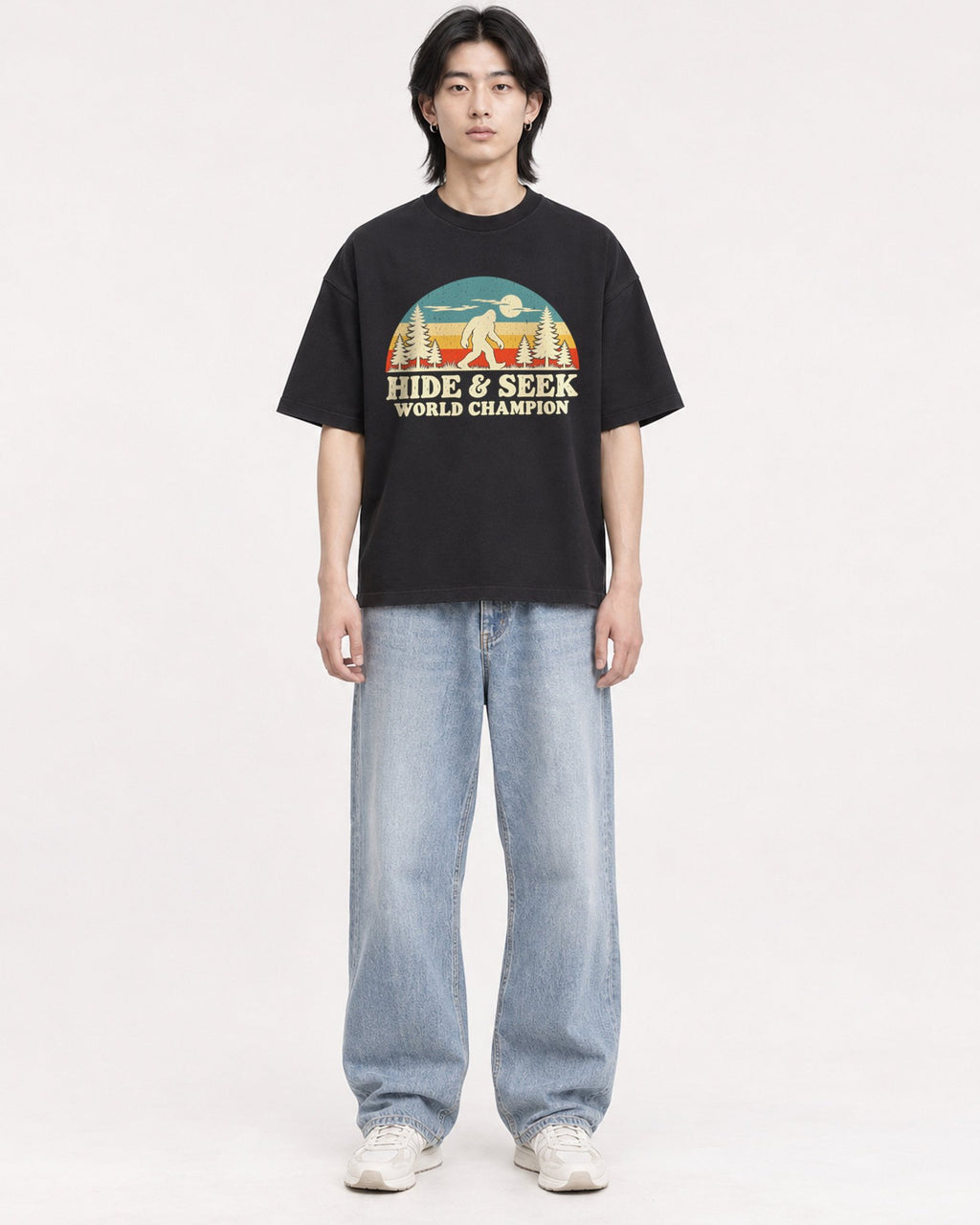 Mockup Boxy Heavyweight Tee Black male full-body 41