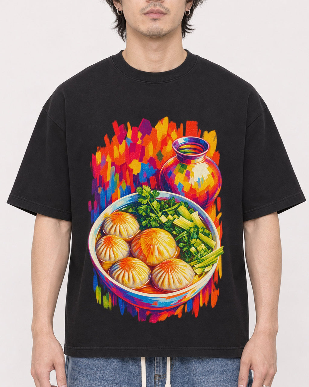 Mockup Boxy Heavyweight Tee Black male close-up 03