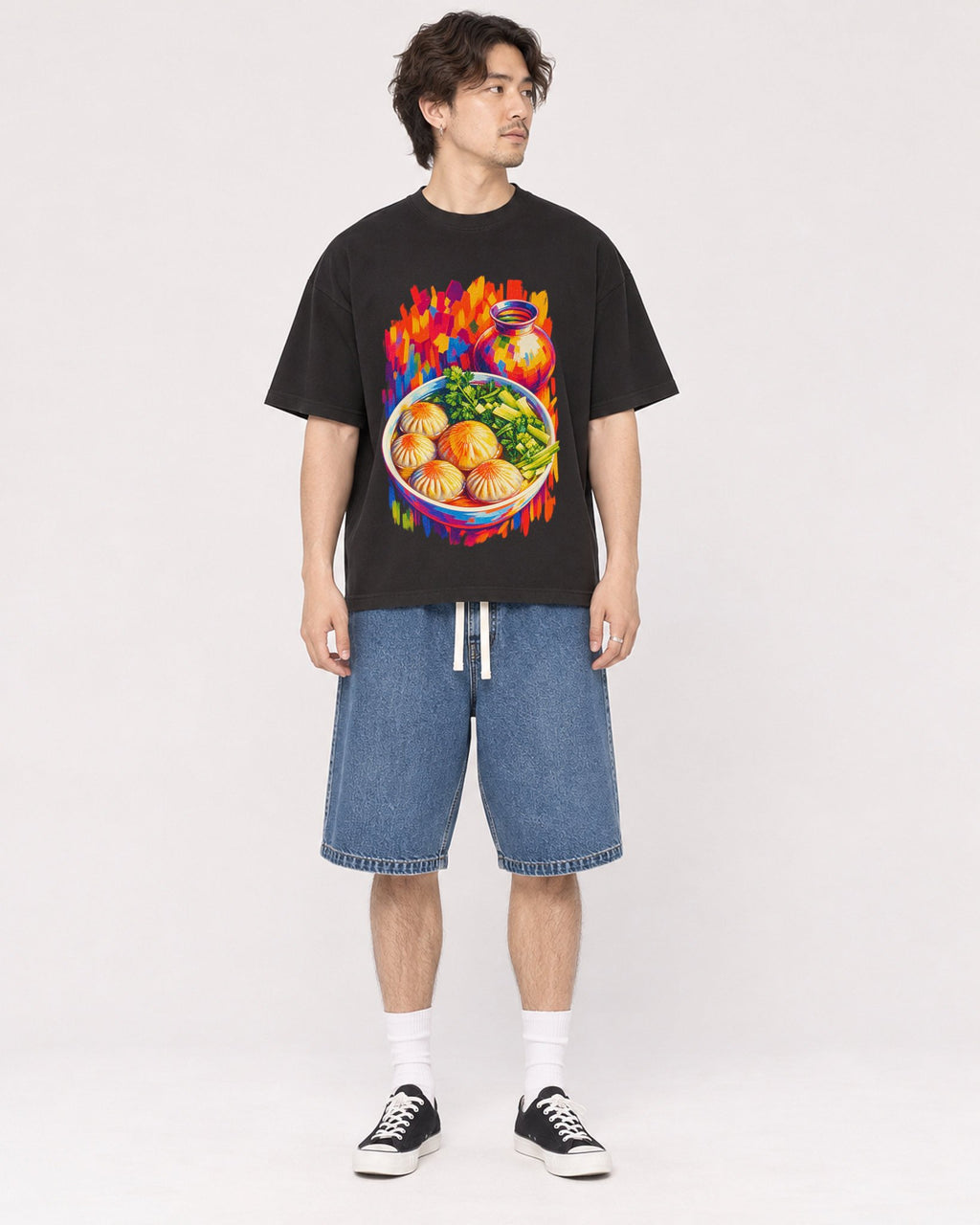 Mockup Boxy Heavyweight Tee Black male full-body 03