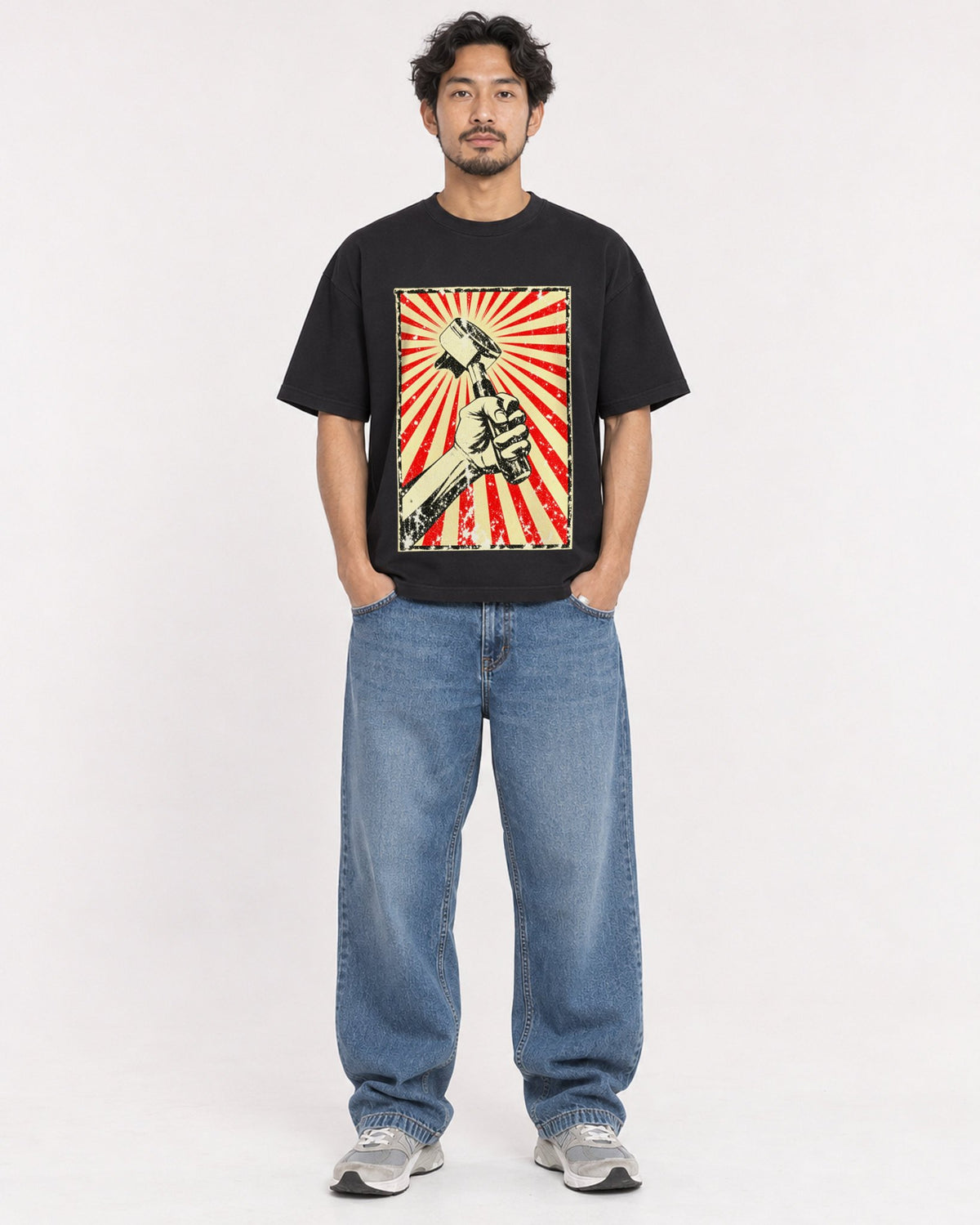 Mockup Boxy Heavyweight Tee Black male full-body 02
