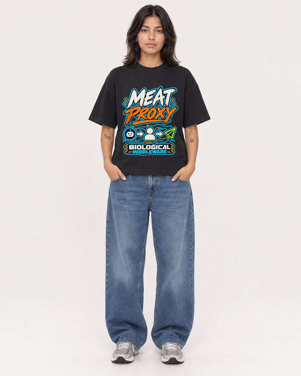 Mockup Boxy Heavyweight Tee Black female full-body 36