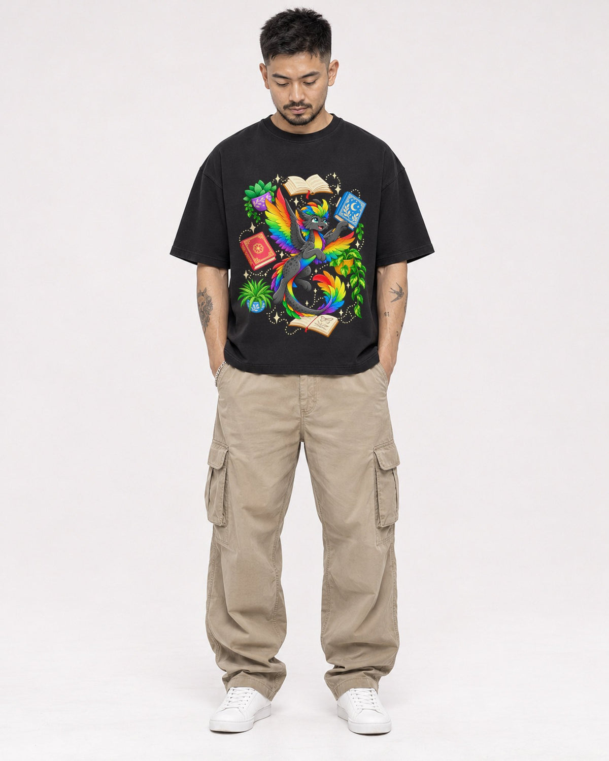 Mockup Boxy Heavyweight Tee Black male full-body 12