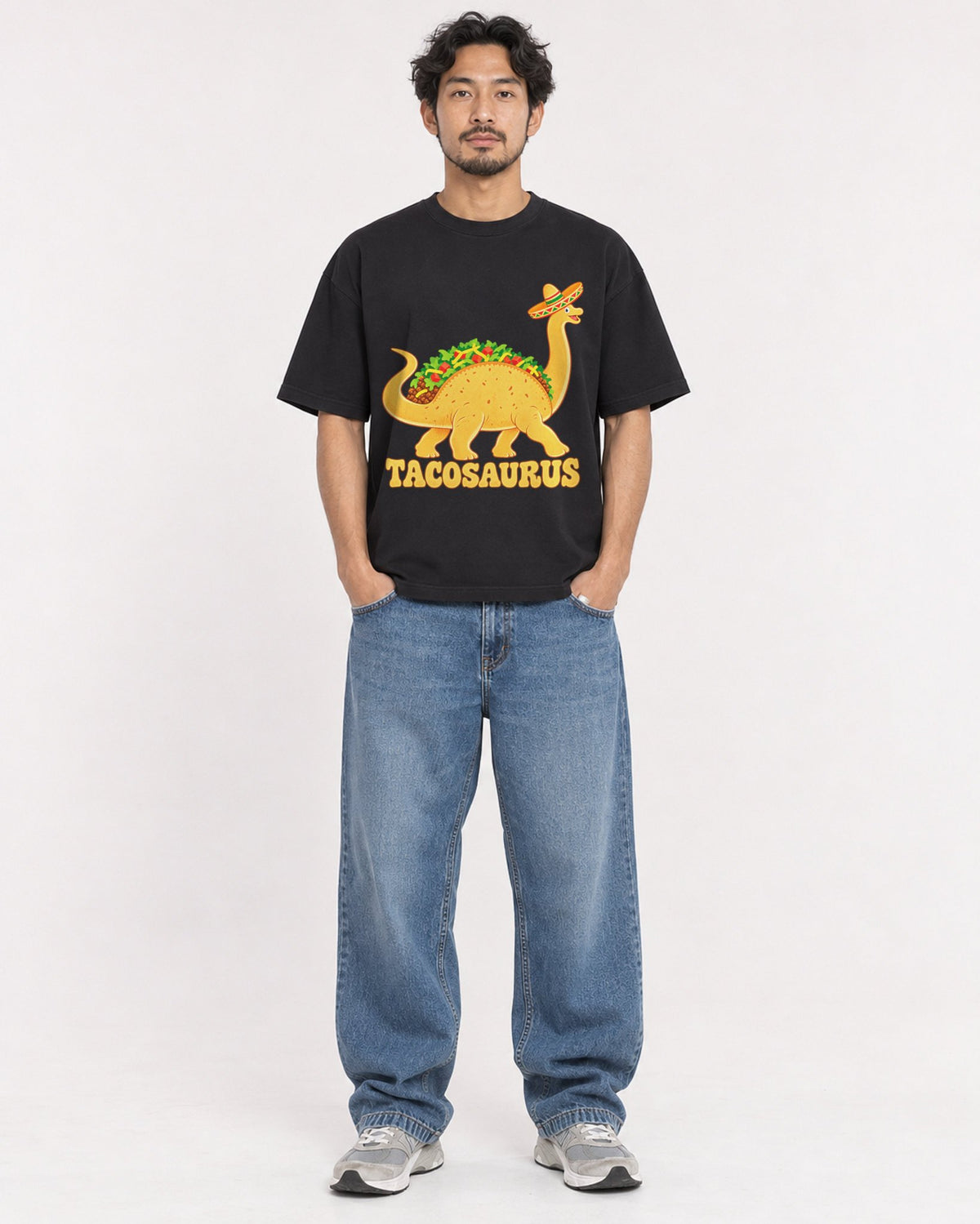 Mockup Boxy Heavyweight Tee Black male full-body 02