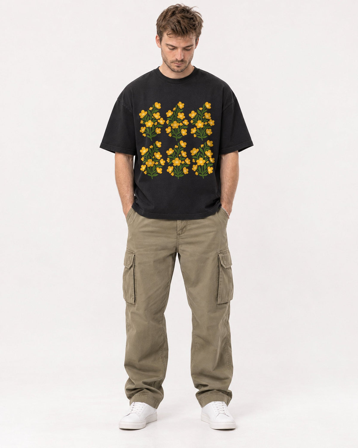 Mockup Boxy Heavyweight Tee Black male full-body 08