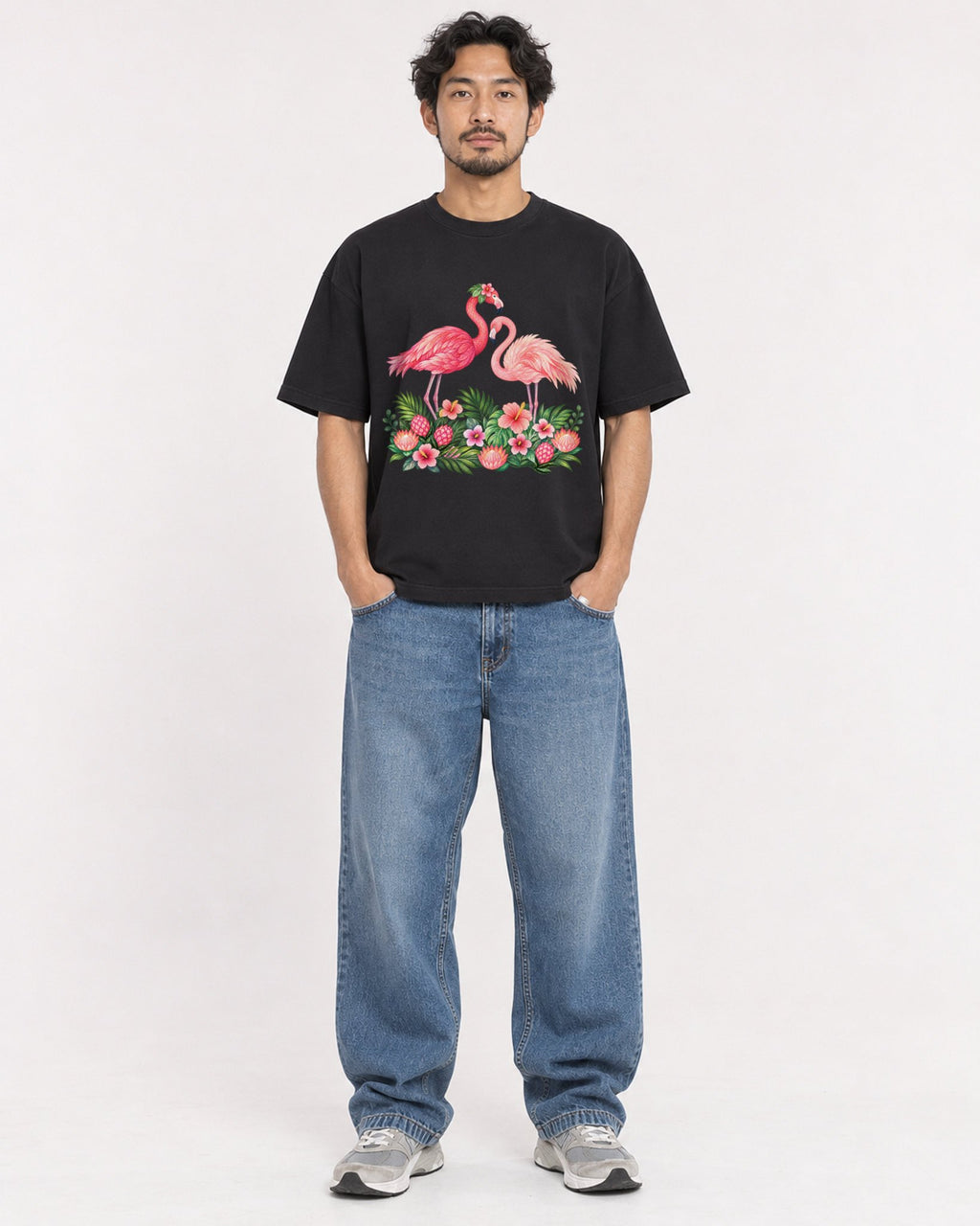 Mockup Boxy Heavyweight Tee Black male full-body 02