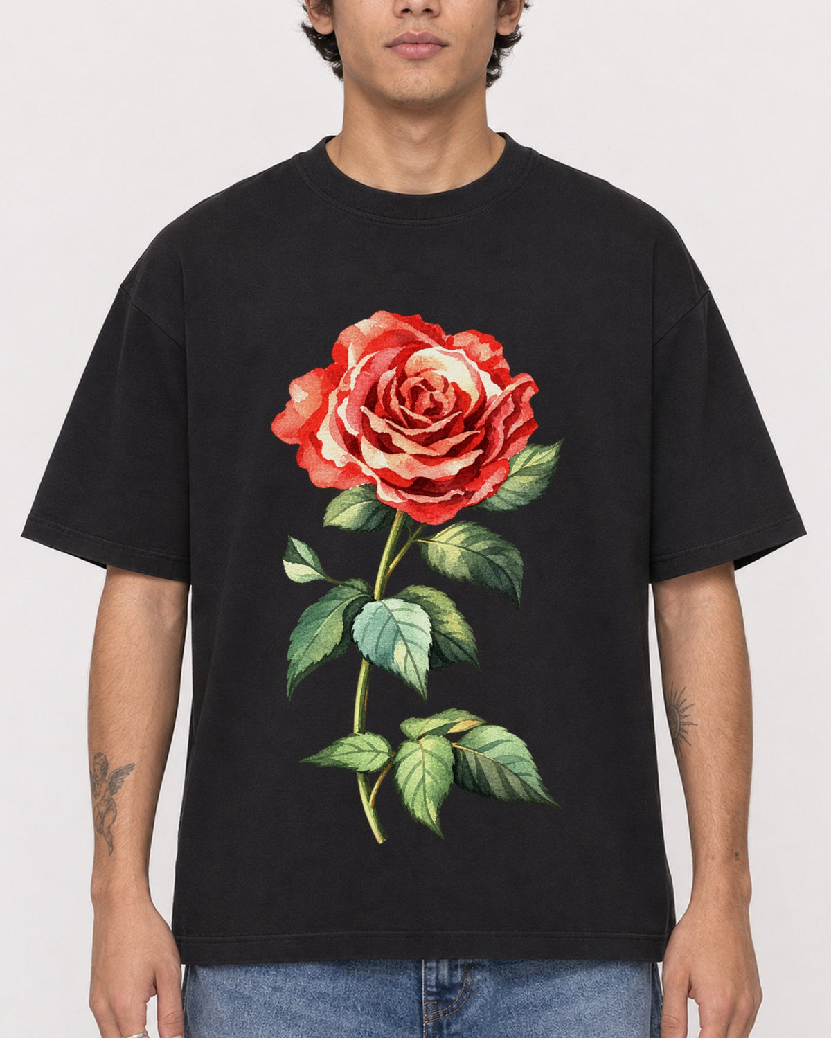 Mockup Boxy Heavyweight Tee Black male close-up 06