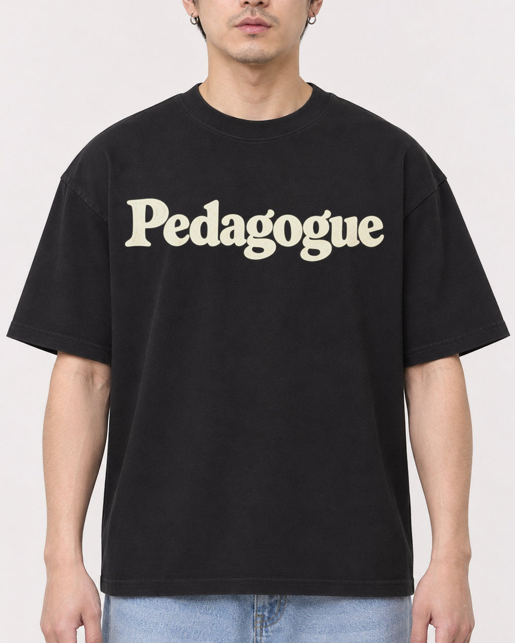 Mockup Boxy Heavyweight Tee Black male close-up 13