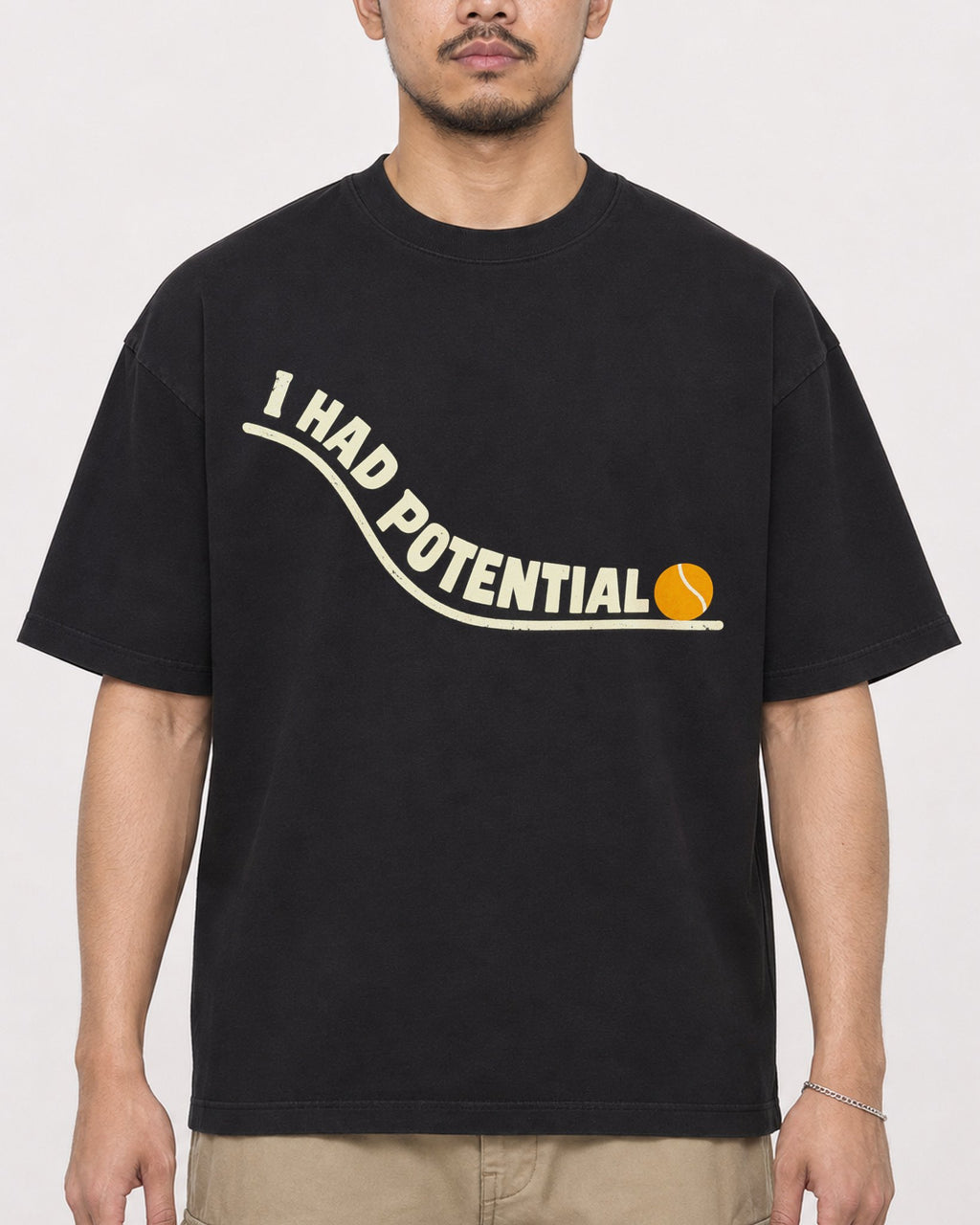 Mockup Boxy Heavyweight Tee Black male close-up 32