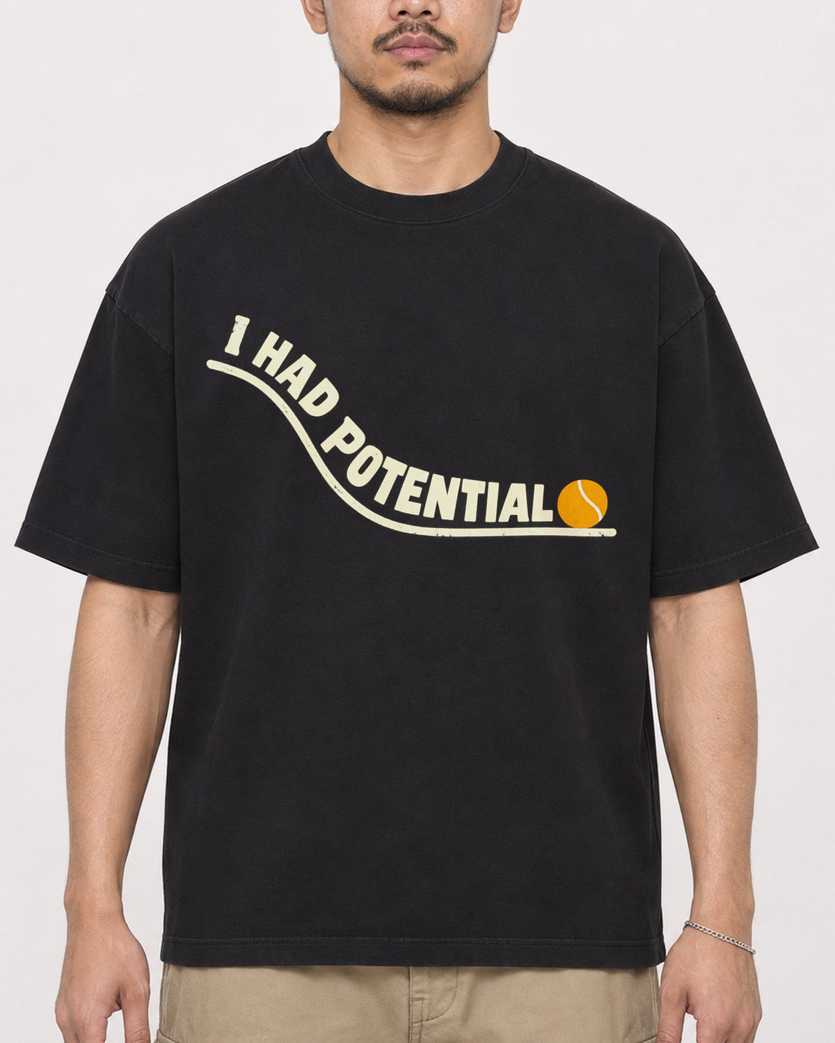 Mockup Boxy Heavyweight Tee Black male close-up 32