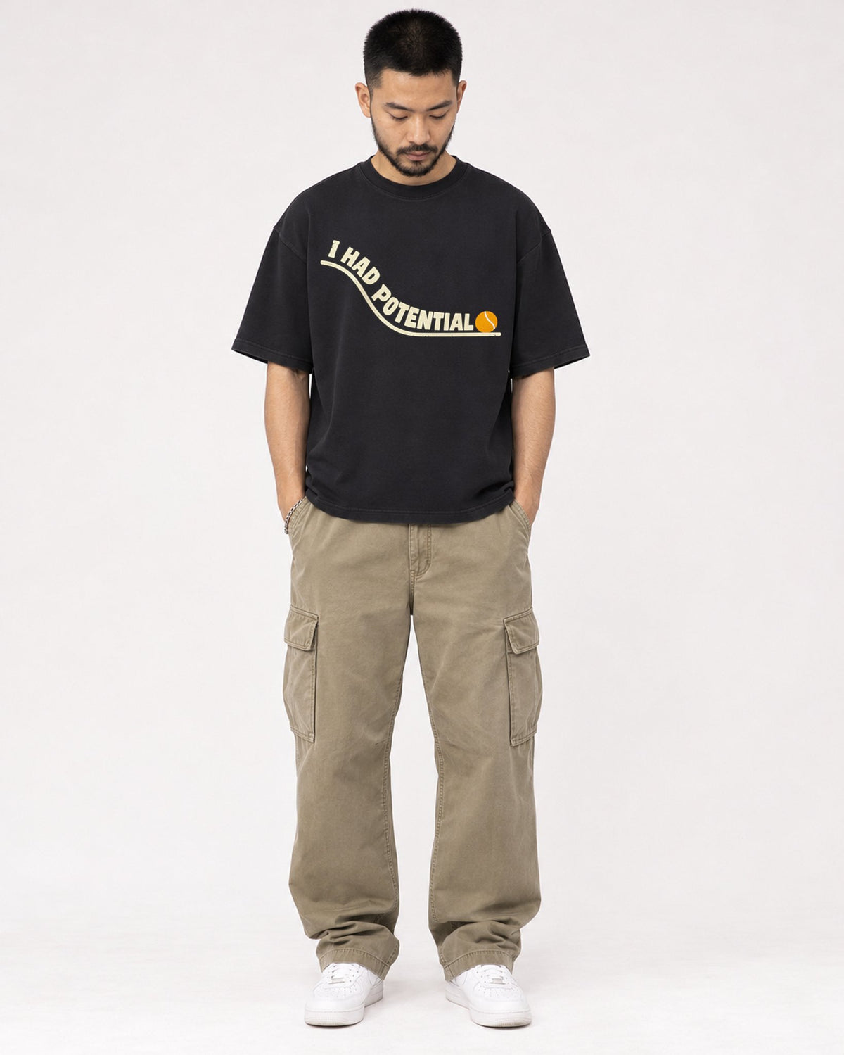 Mockup Boxy Heavyweight Tee Black male full-body 32