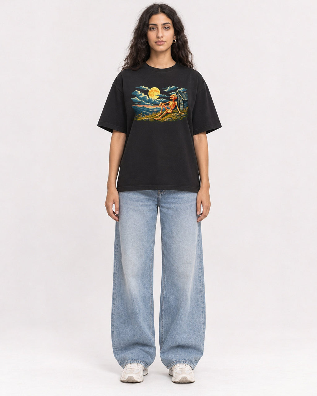 Mockup Boxy Heavyweight Tee Black female full-body 07