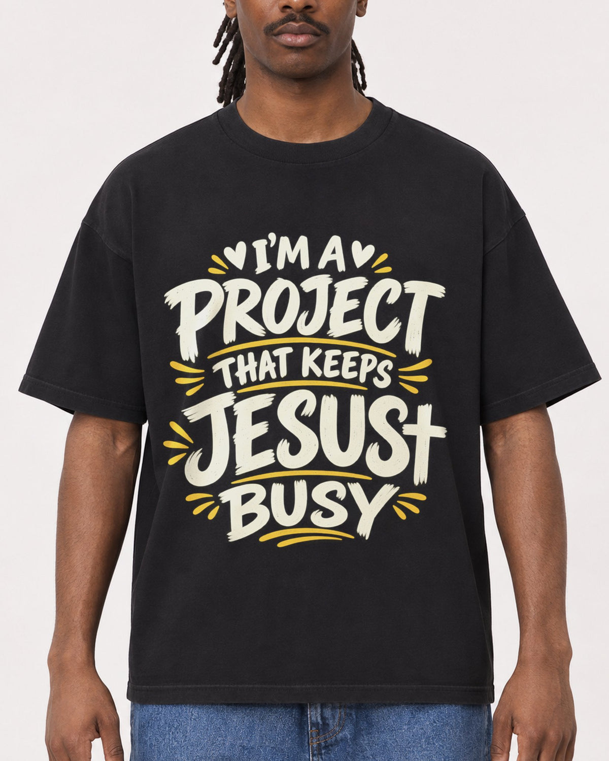 Mockup Boxy Heavyweight Tee Black male close-up 34