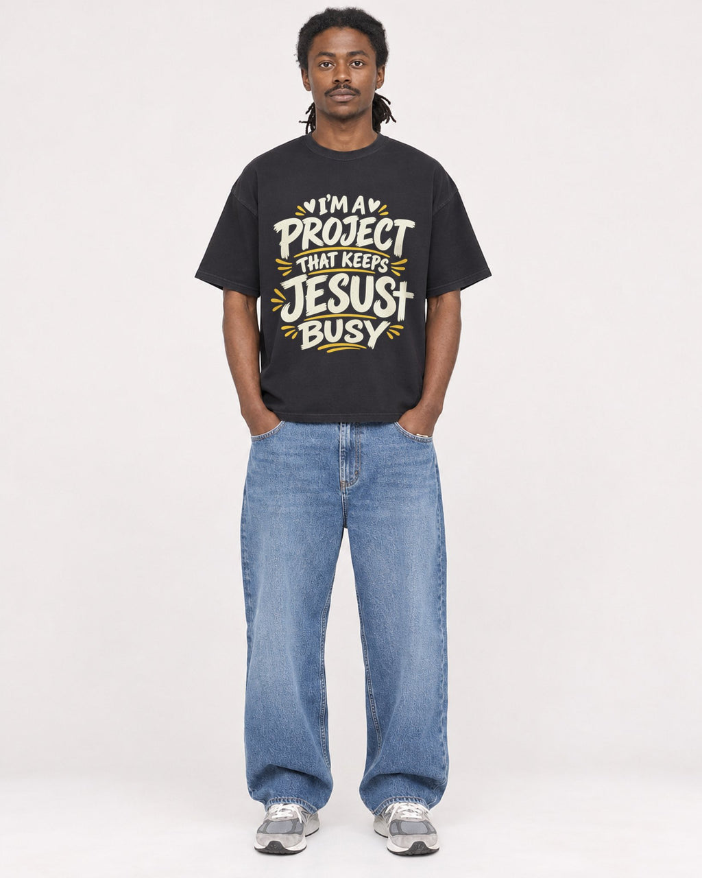 Mockup Boxy Heavyweight Tee Black male full-body 34