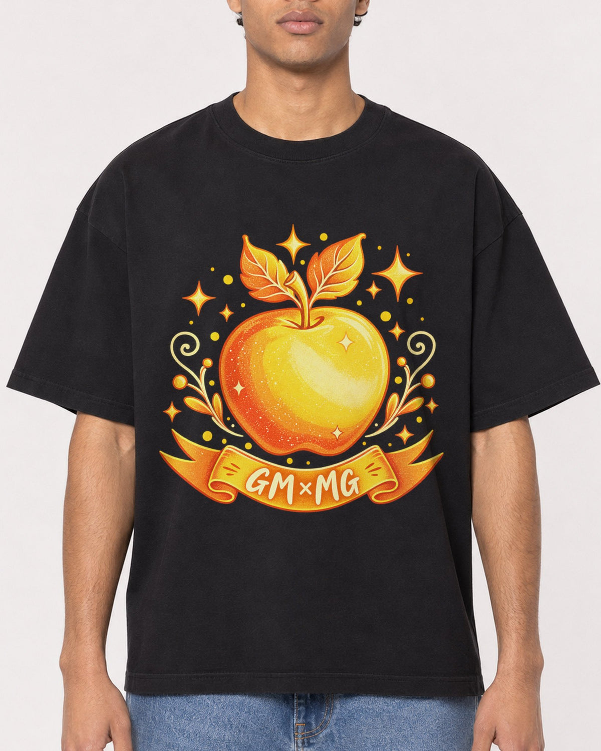 Mockup Boxy Heavyweight Tee Black male close-up 10