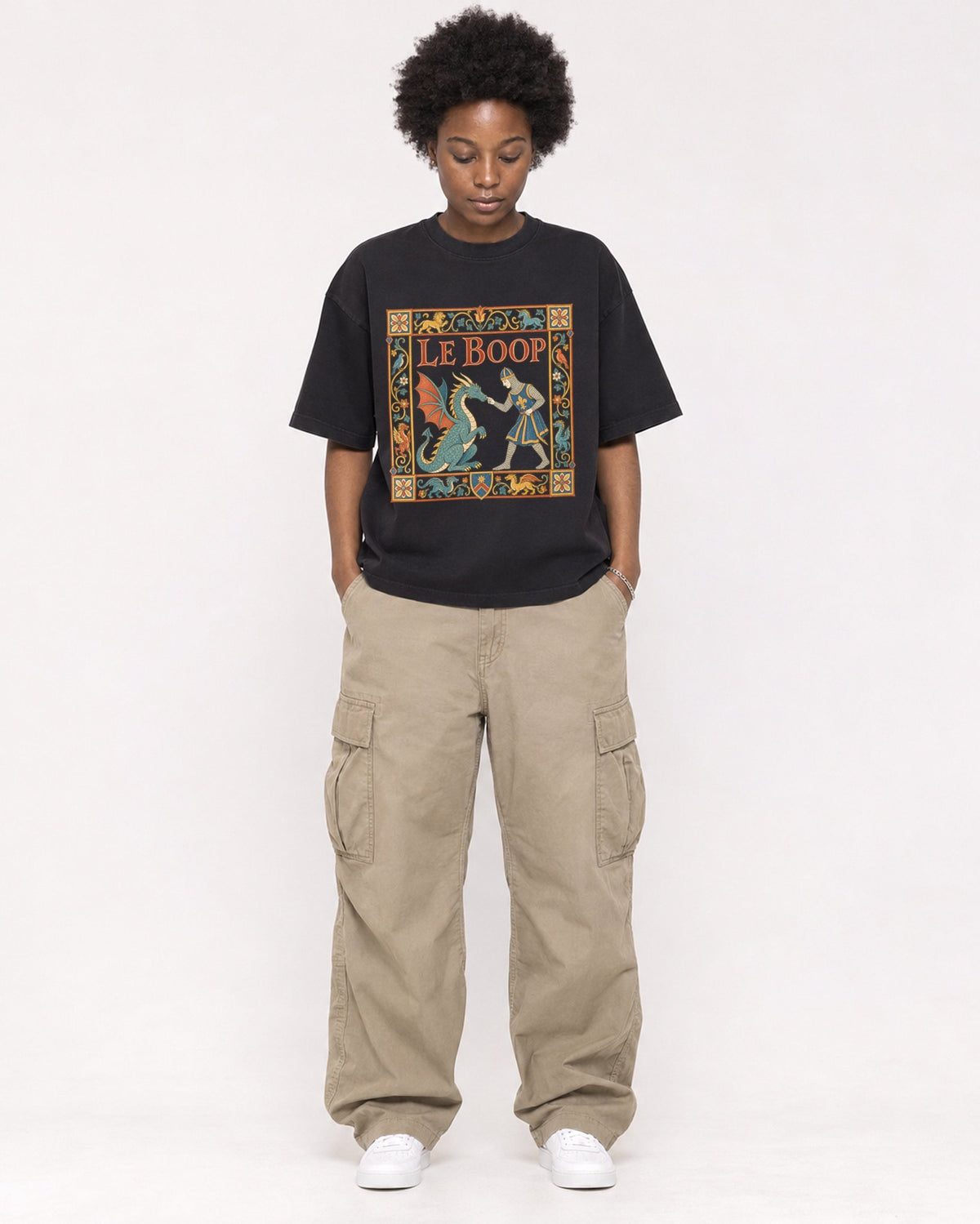 Mockup Boxy Heavyweight Tee Black female full-body 14