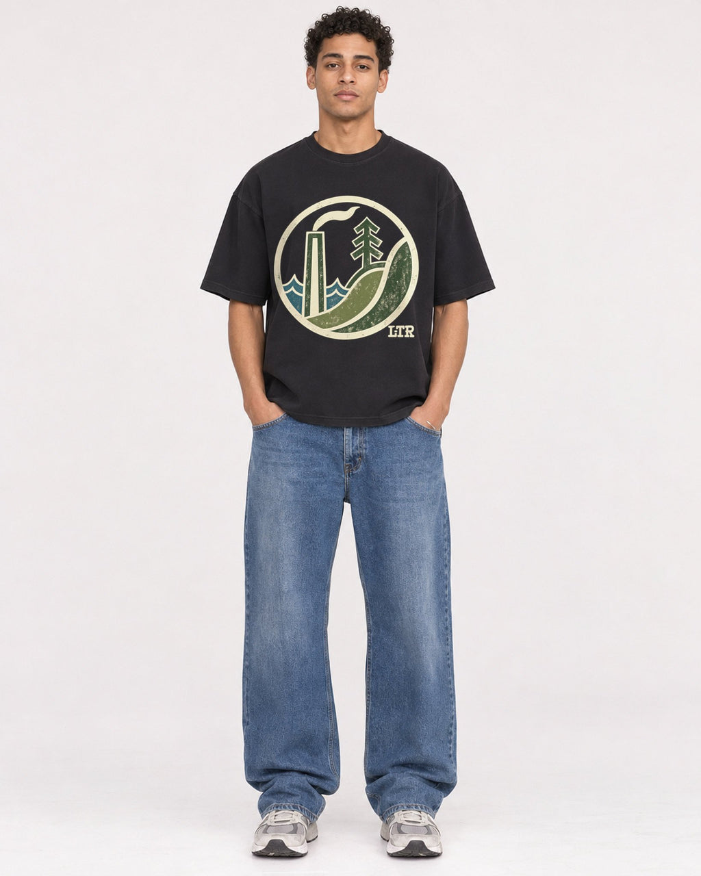 Mockup Boxy Heavyweight Tee Black male full-body 10