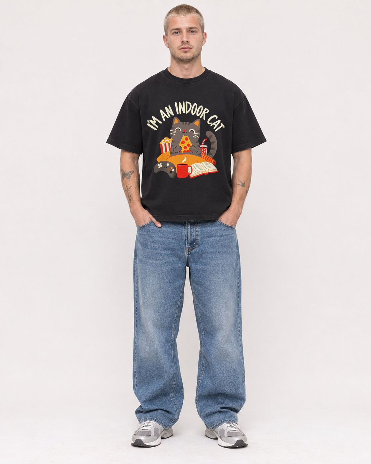 Mockup Boxy Heavyweight Tee Black male full-body 18
