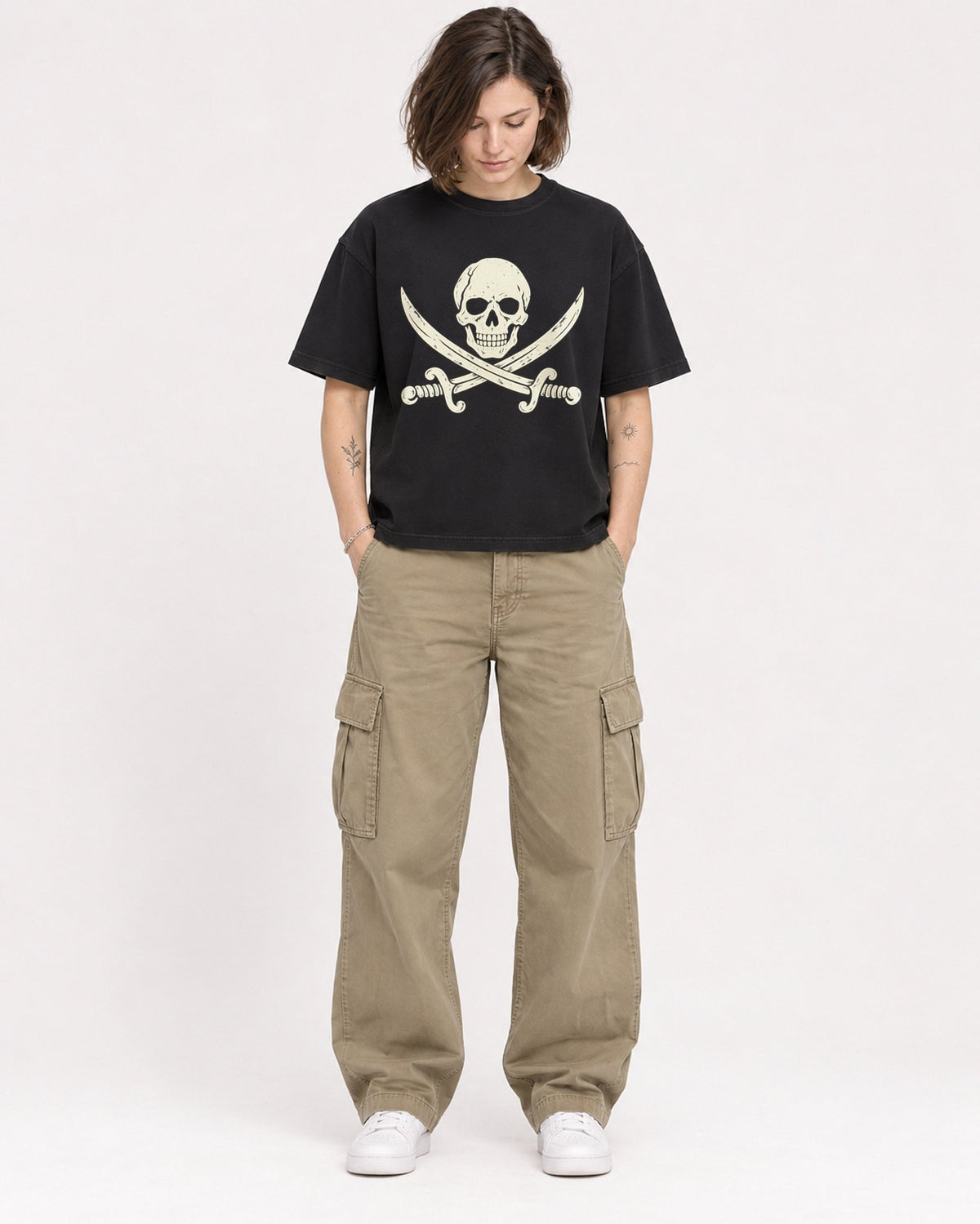 Mockup Boxy Heavyweight Tee Black female full-body 18