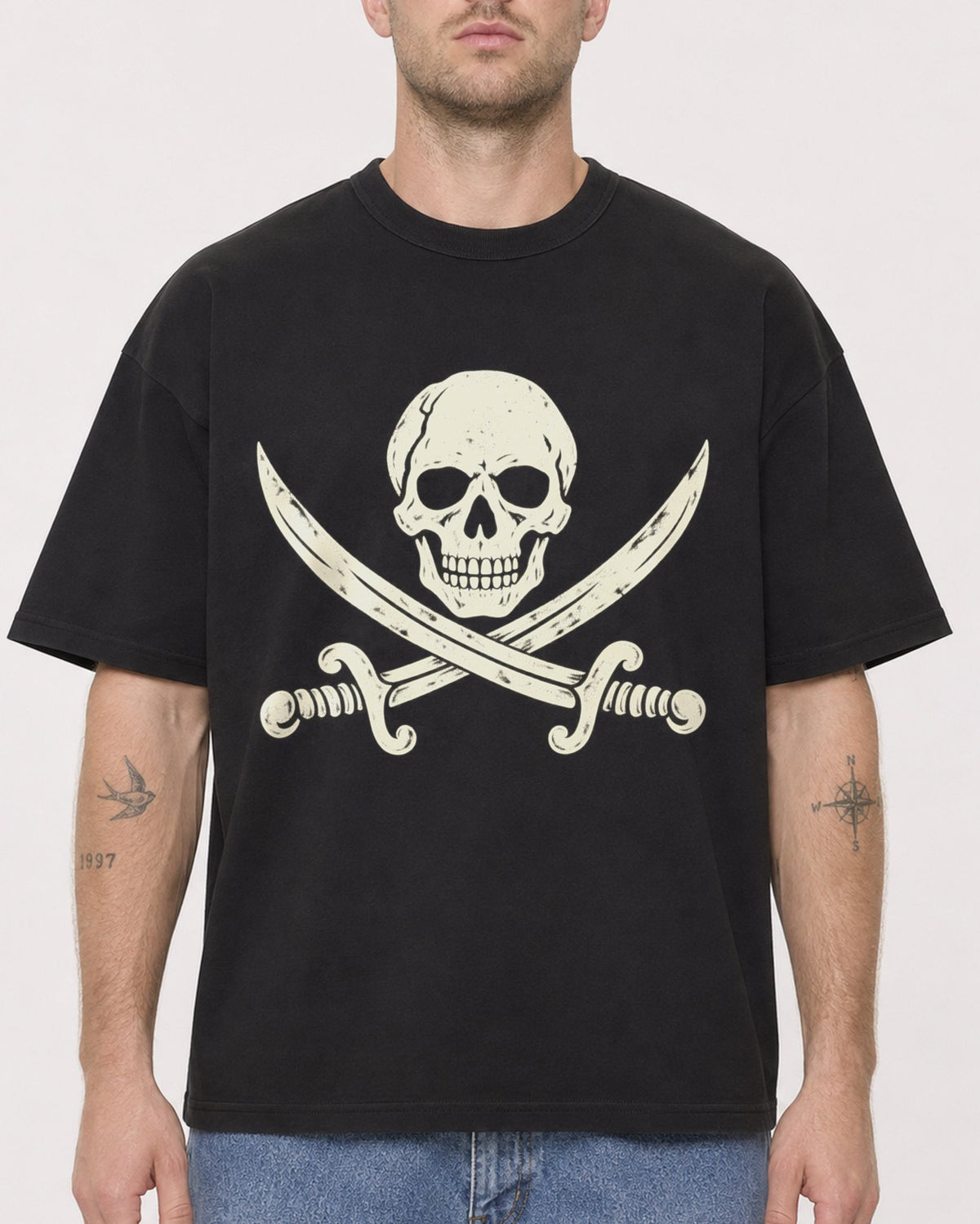 Mockup Boxy Heavyweight Tee Black male close-up 18
