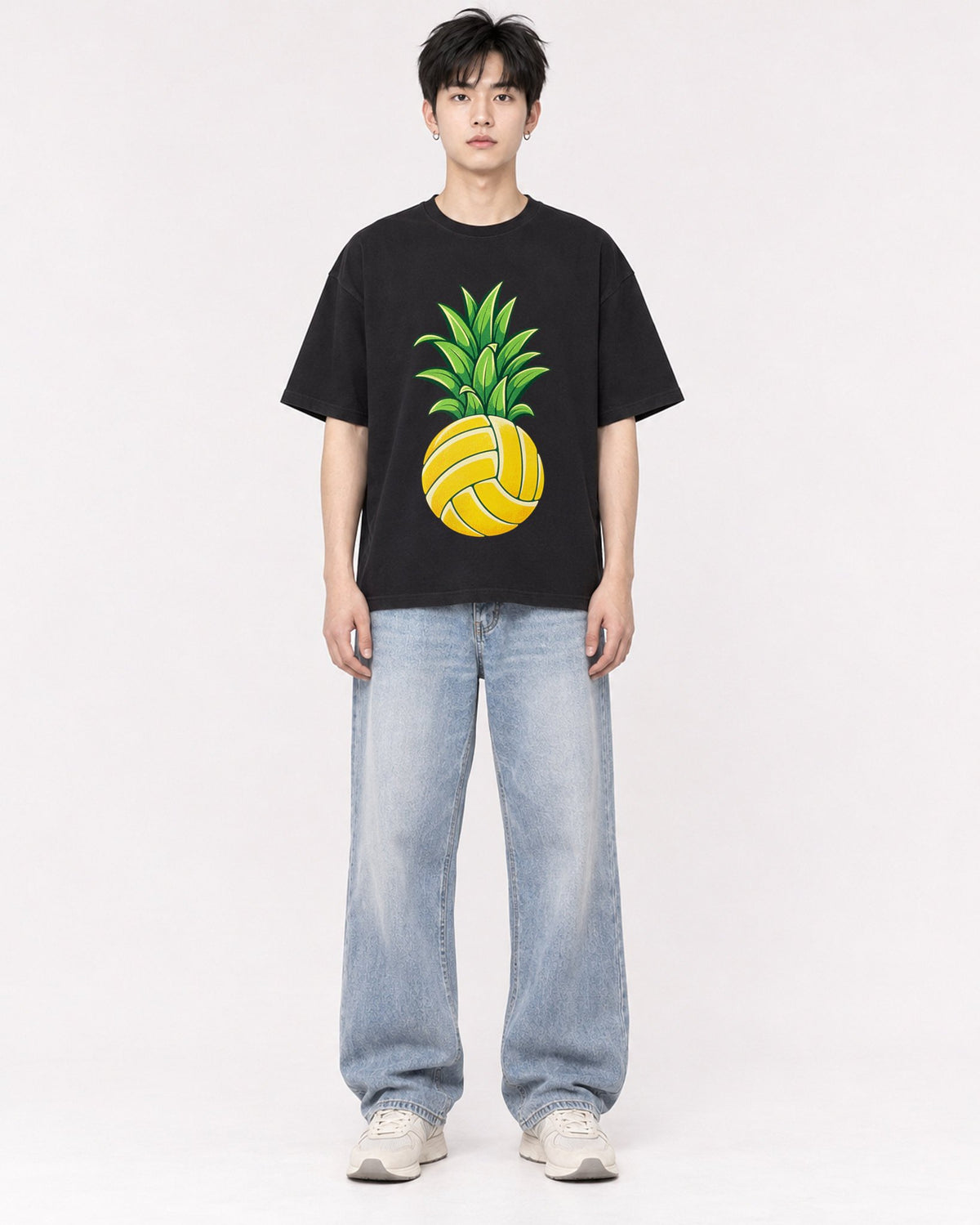 Mockup Boxy Heavyweight Tee Black male full-body 01