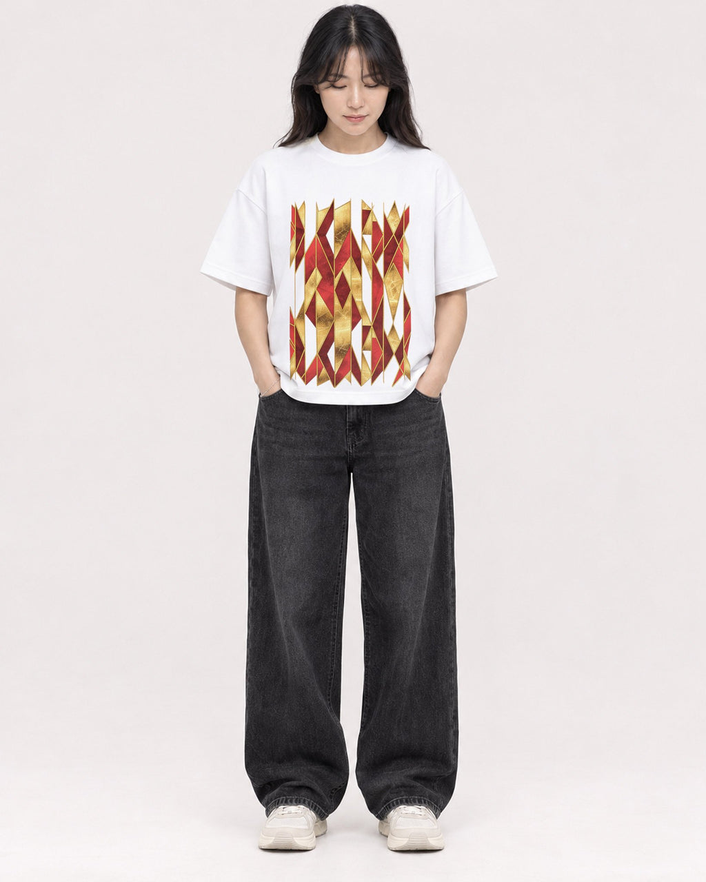 Mockup Boxy Heavyweight Tee White female full-body 13