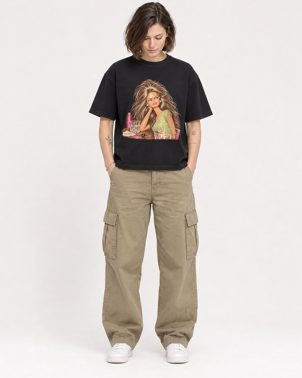 Mockup Boxy Heavyweight Tee Black female full-body 18