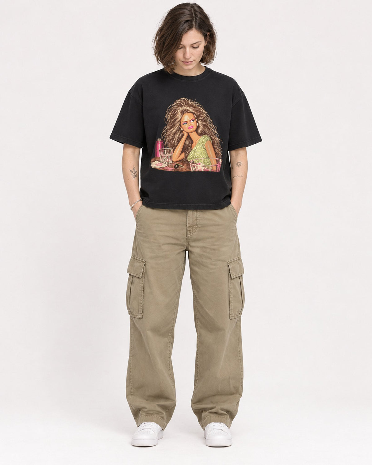 Mockup Boxy Heavyweight Tee Black female full-body 18
